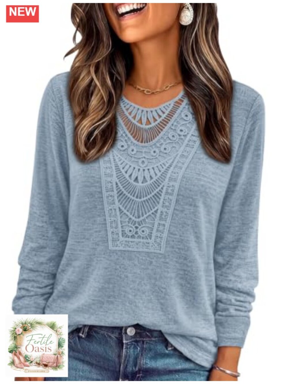 Boho Long Sleeve Blouse for Women Dressy Casual V-Neck Lace Top